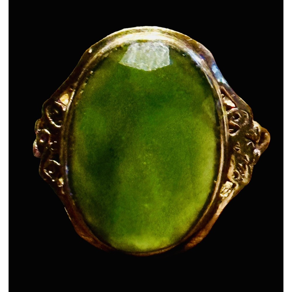 Art Deco 10K Yellow Gold Diamond Cut Natural Jadeite Stone Ring Size 6 Vtg OOAK - Picture 3 of 10